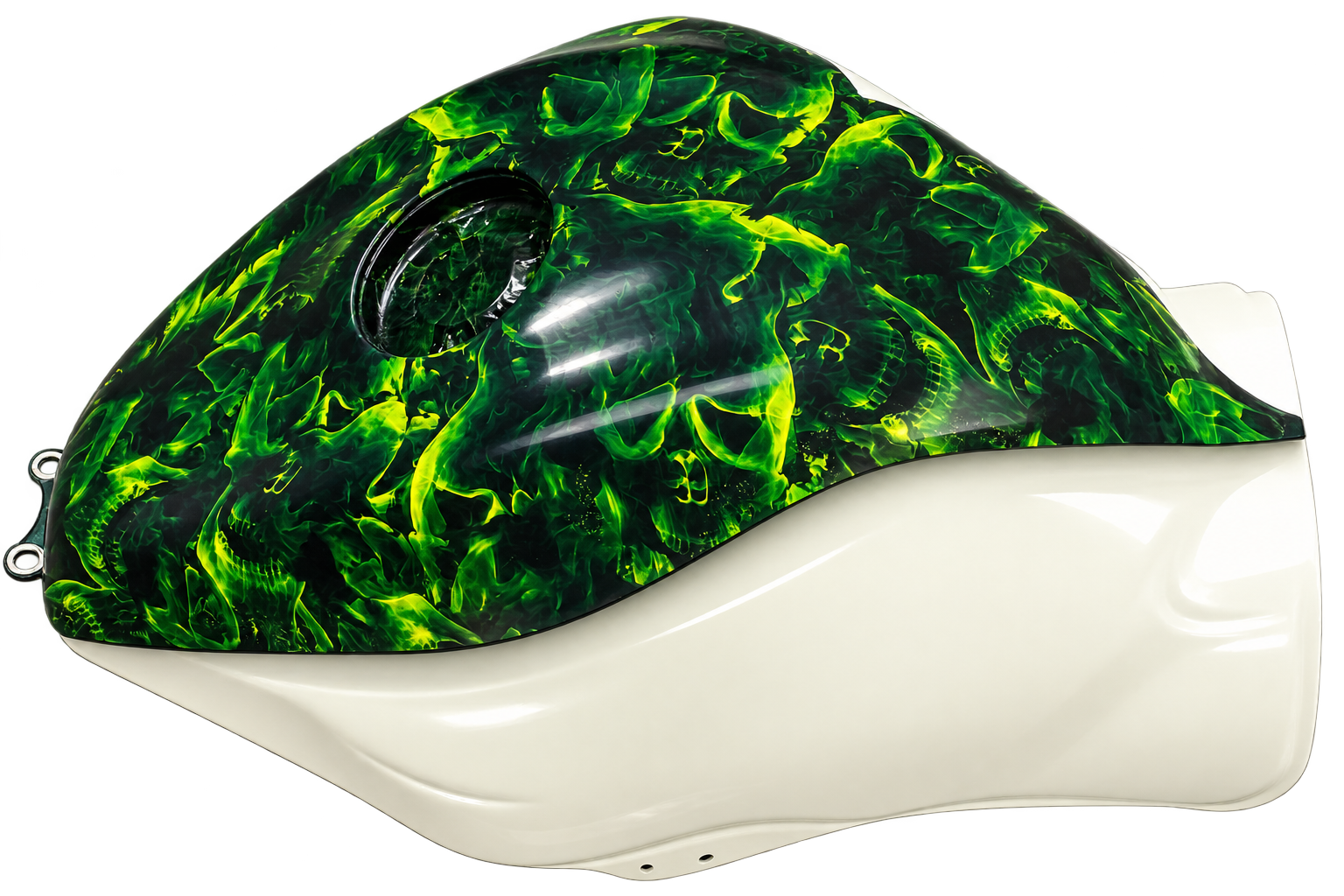 Motorcycle fuel tank decorated with neon skull hydrographics