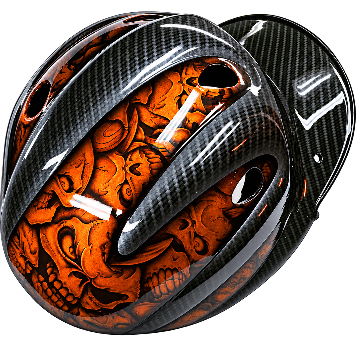 Carbon-fibre helmet with orange skull artwork.