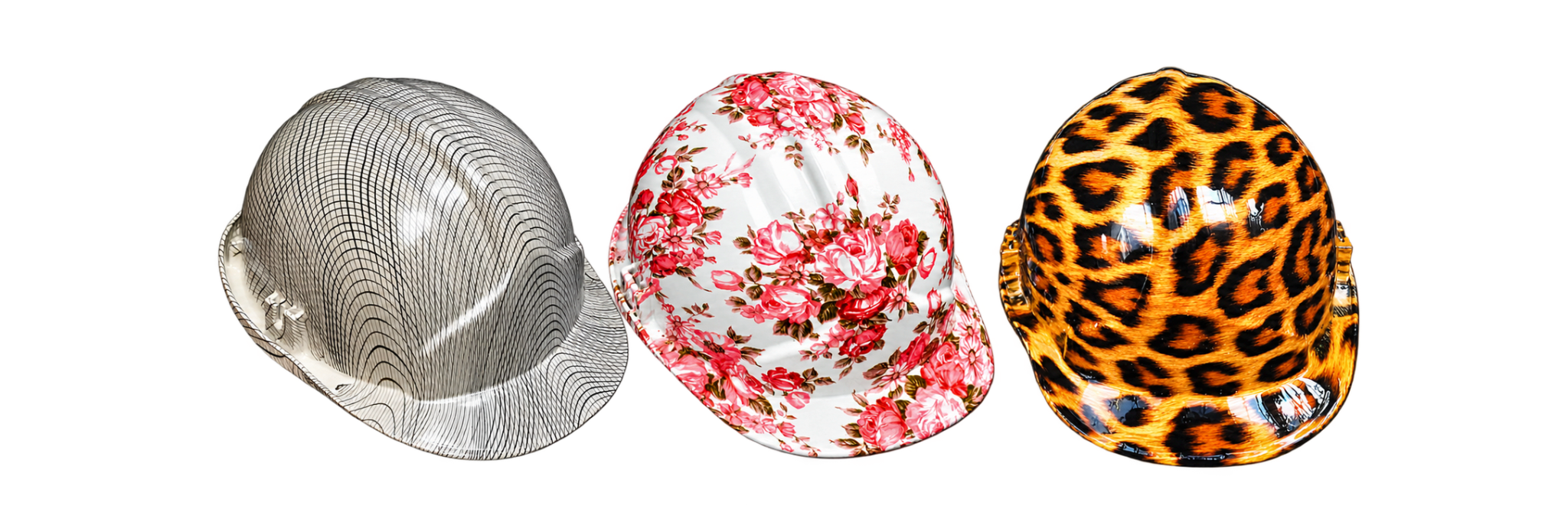 Three protective helmets decorated with different hydrographic patterns